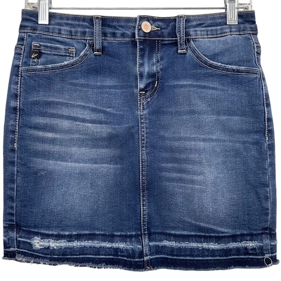 KanCan Stretch Denim Mini Skirt w Raw Distressed Hem & Back Slit Sz 3/25 - Picture 1 of 10